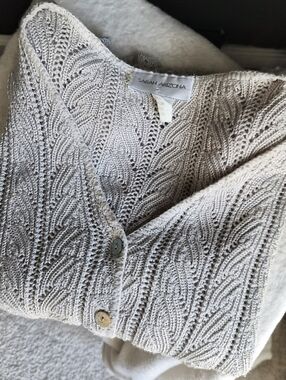 ​VTG Sarah Arizona Crochet Knit Cardigan Sweater Oatmeal Beige Large Made in USA